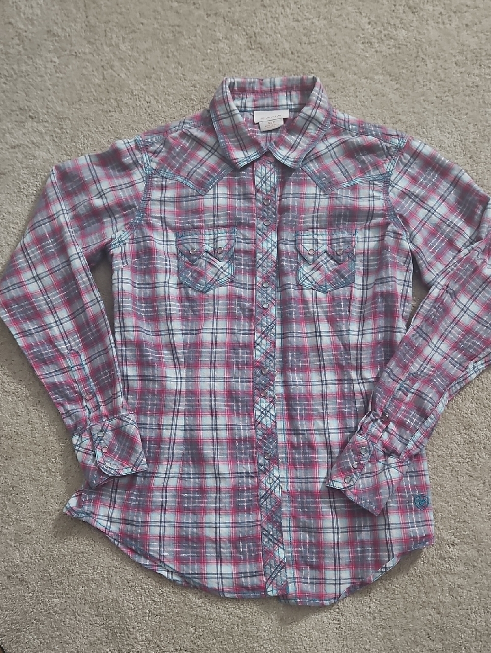 Ariat Pink and Light Blue Plaid Button-Up Shirt. Western Wear Size Small Petite.